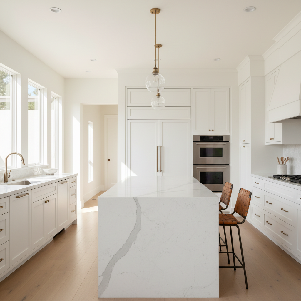 Upscale kitchen with integrated refrigerator and wall oven